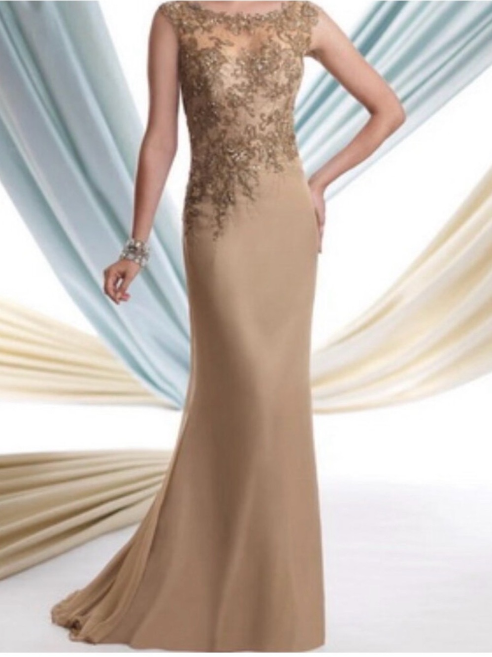 Montage by Mon Cheri Gold Lace-Embellished Evening Gown MOB